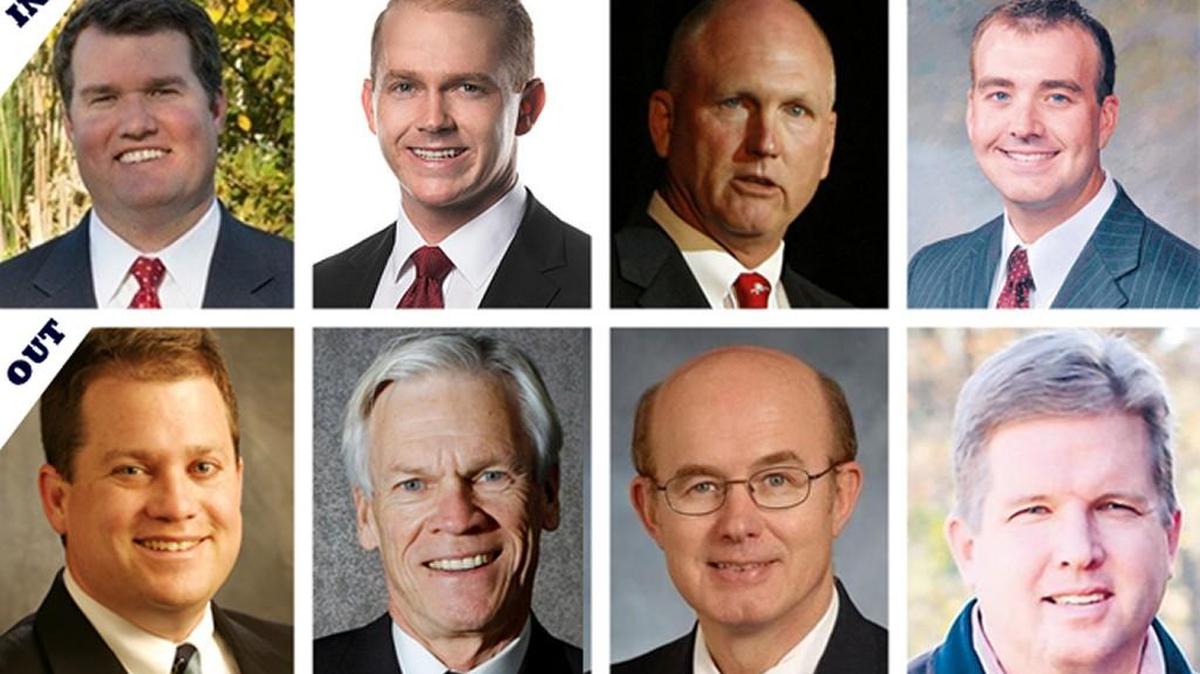 IN (from left): Scott Talley, William Timmons, Rex Rice, Stephen Goldfinch. OUT (from left): Lee Bright, Mike Fair, Larry Martin, Reese Boyd.
