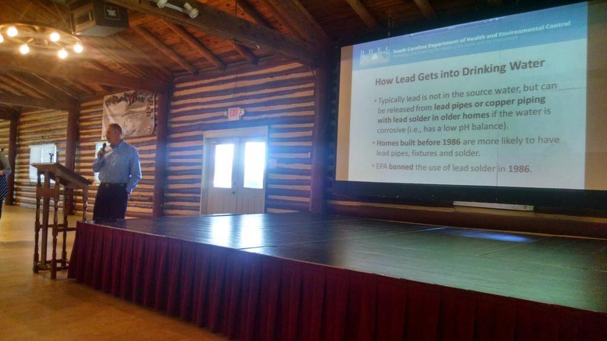 David Baize, acting chief of the DHEC water bureau, talks Tuesday night to residents of Lake Wylie’s River Hills neighborhood about tests showing high levels of lead in the area’s drinking water. DHEC continues to study the issue.
