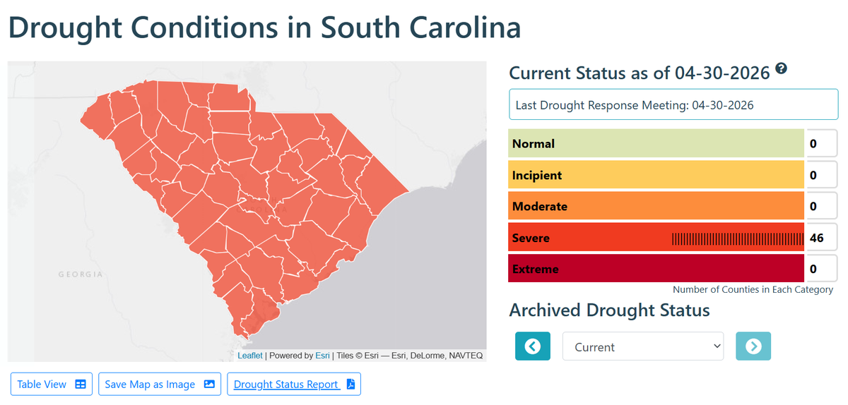 An upgraded map shows all 46 South Carolina counties in severe drought, as of Thursday.
