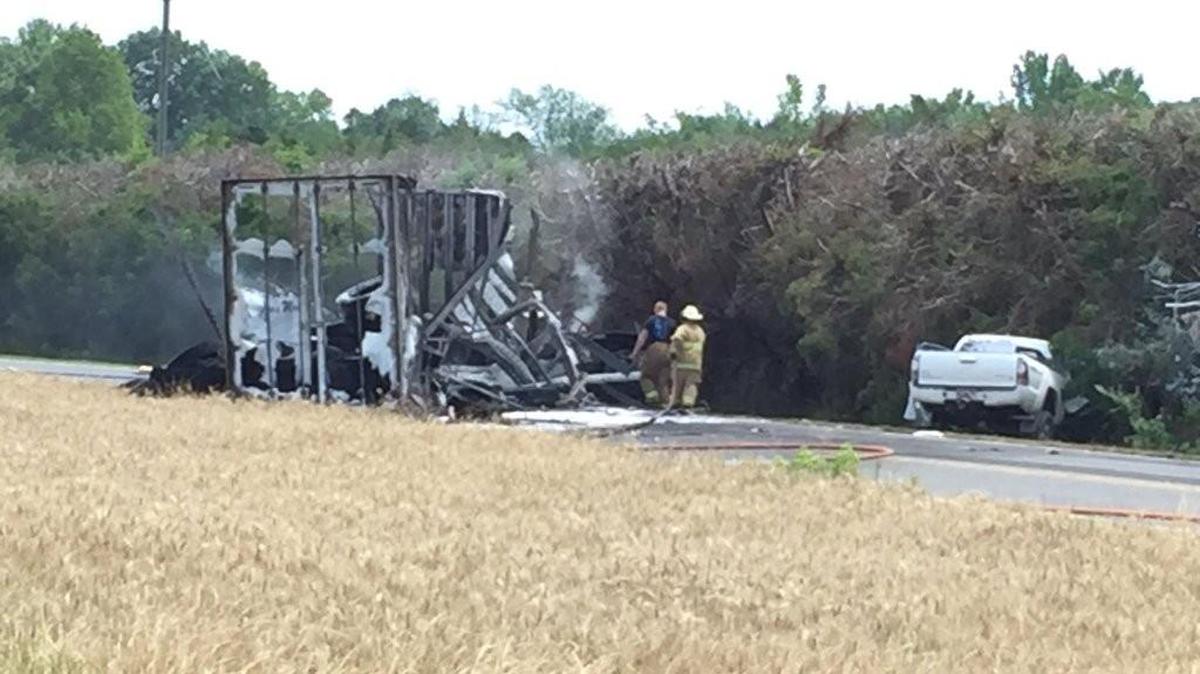 Fire engulfed a tractor-trailer on Thursday after a pickup crossed the center line on S.C. 324 west of Rock Hill and struck the rig head-on. The driver of the pickup was taken to Piedmont Medical Center.