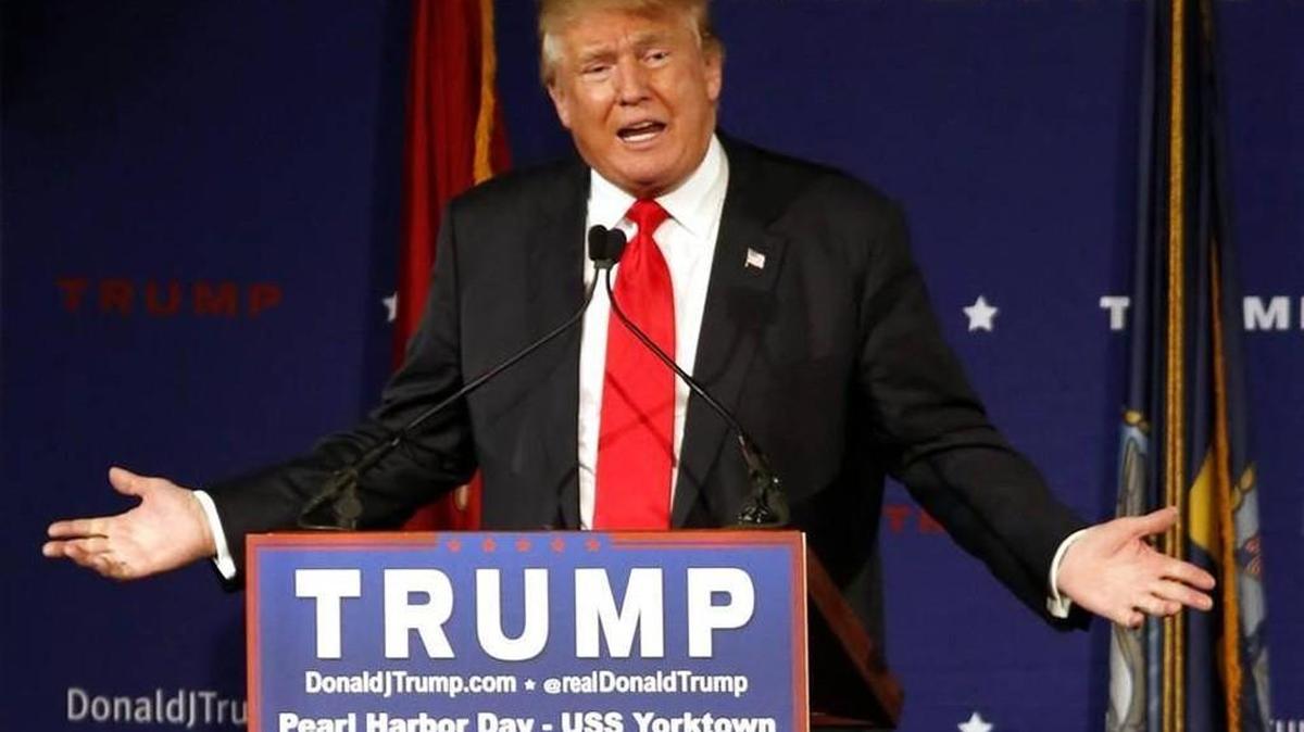 Republican presidential candidate Donald Trump speaks aboard the aircraft carrier USS Yorktown in Mt. Pleasant on Monday.