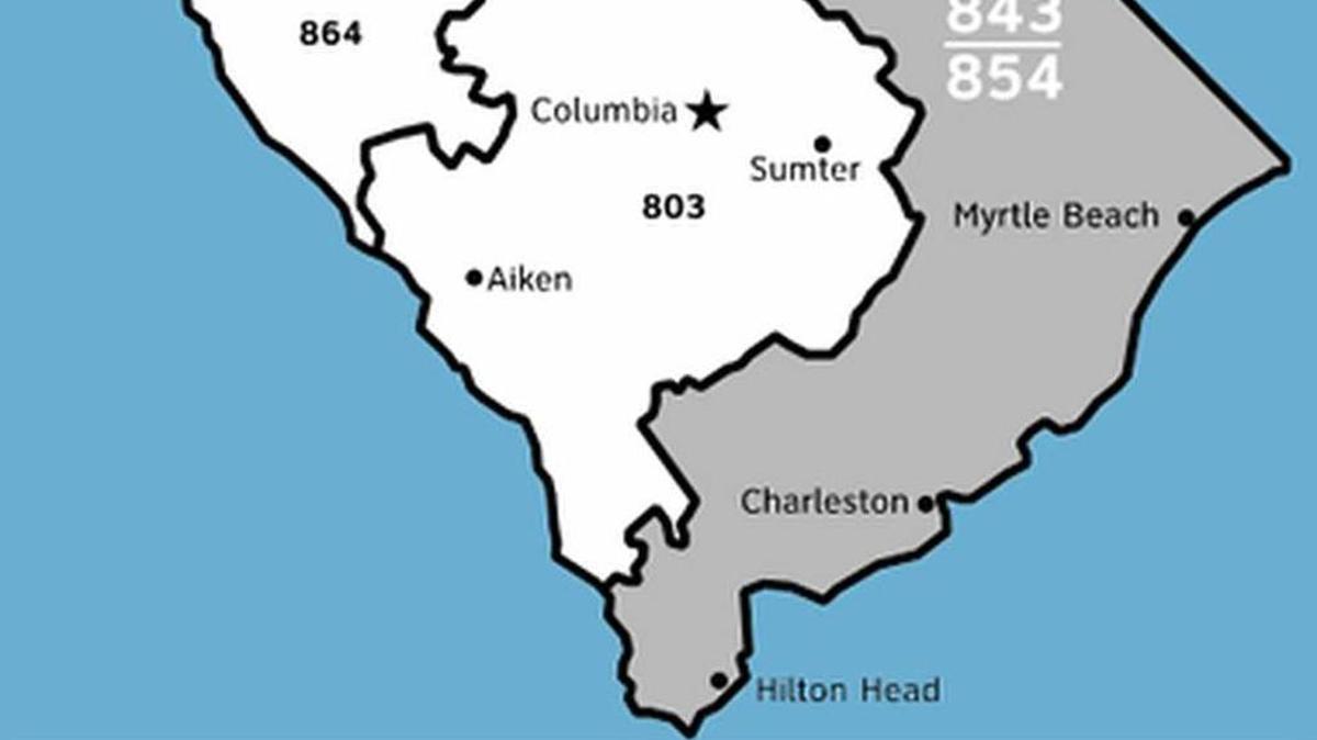 
This map shows the overlay of the 854 area code in the entire 843 zone, where dialing 10 digits for each phone number, including the area code, takes effect Sept. 19. 
