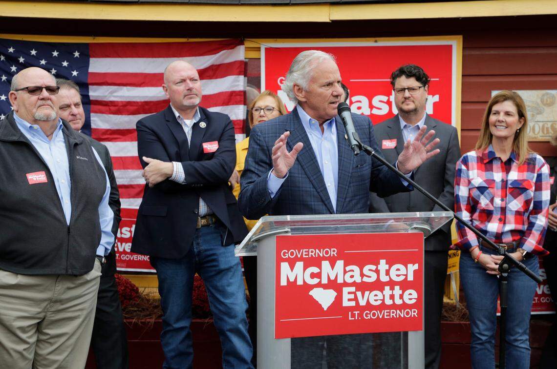 S.C. Gov. Henry McMaster speaks during a campaign stop at Ebenezer Grill in Rock Hill, S.C. on Tuesday, Nov. 1, 2022. In the photo is S.C. Rep. Bruce Bryant, left, 16th Circuit Solicitor Kevin Brackett, York County Sheriff Kevin Tolson, S.C. Rep. Raye Felder, S.C. Rep. Gary Simrill, second from right and S.C. Lt. Gov. Pamela Evette.