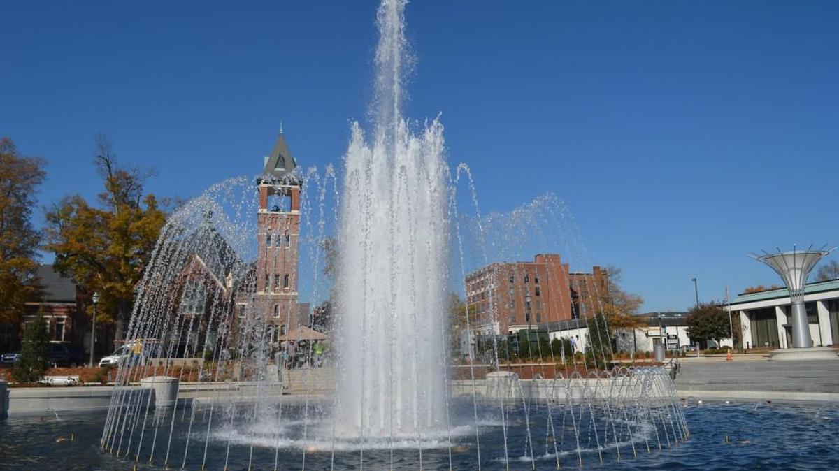 The fountain, when operational, is the centerpiece of Fountain Park in downtown Rock Hill.
