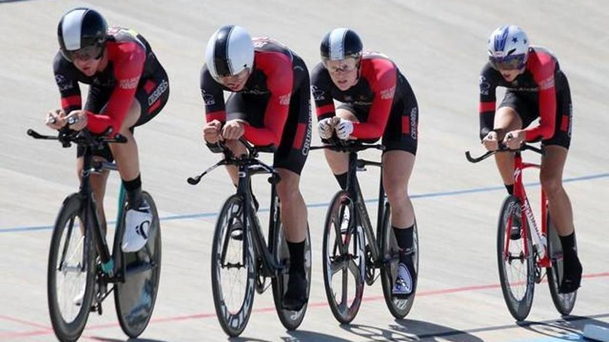 Cyclists prepare to take a turn at the Rock Hill velodrome.