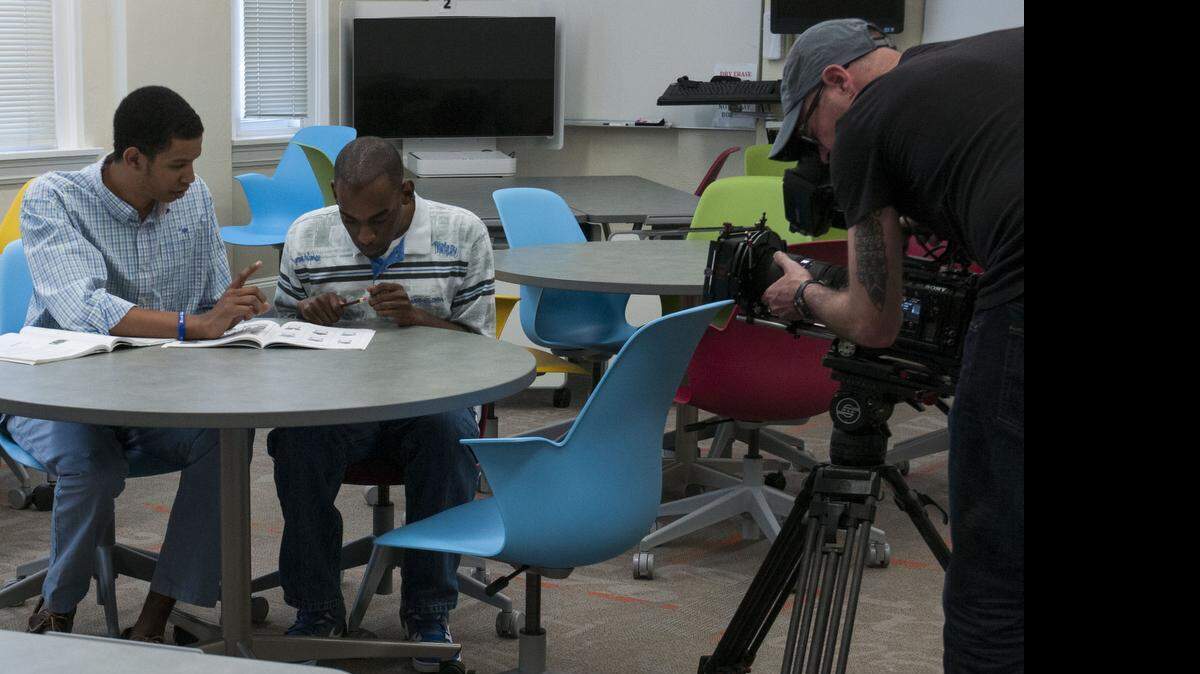 
Winthrop students Terence Brice and Joshua Johnson being filmed on campus in advance of the BET “An Evening of Stars” award show. Brice will appear on national TV on Sunday night. 
