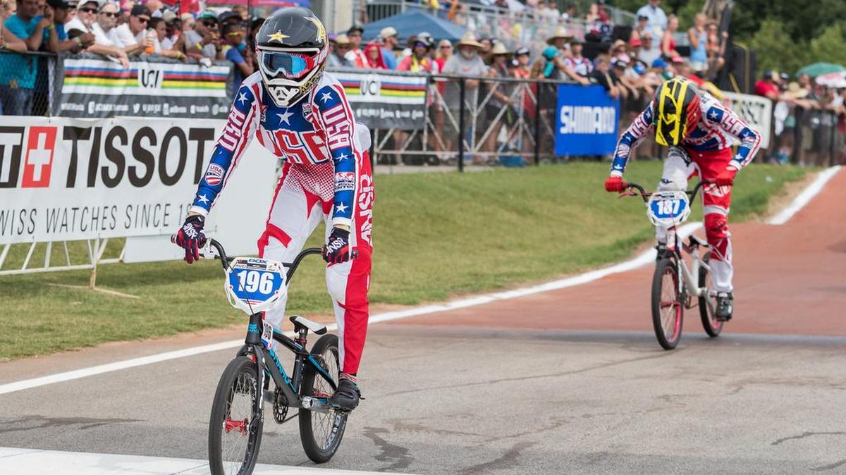 USA's 15-year-old Payton Ridenour (196) crosses the finish line to take second place in the girls 15 Challenge at the Novant Health BMX Supercross Track on Thursday in Rock Hill.