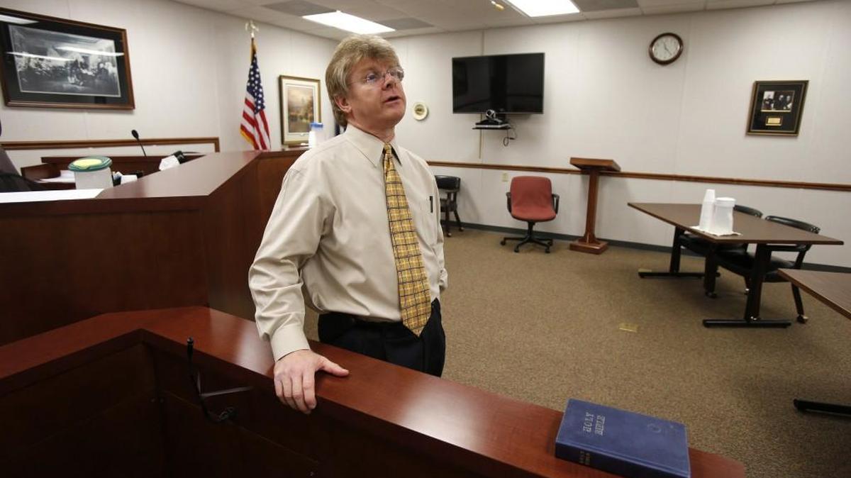 York County Clerk of Court David Hamilton shows the temporary mobile courtroom for Family Court – one site where bond referendum dollars would go for a new court.