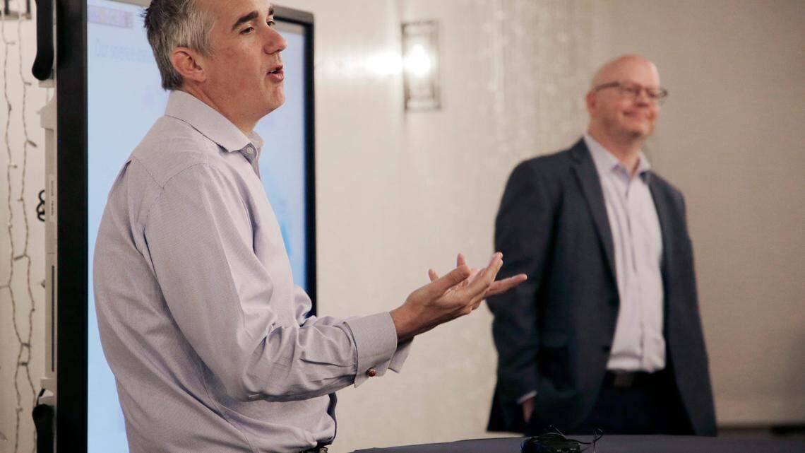 Paul Humphreys, Atlas vice-president of communications for North America, left, talks to members of the Rock Hill Economic Development Corporation while Robert Eshelman, president and general manager listens.