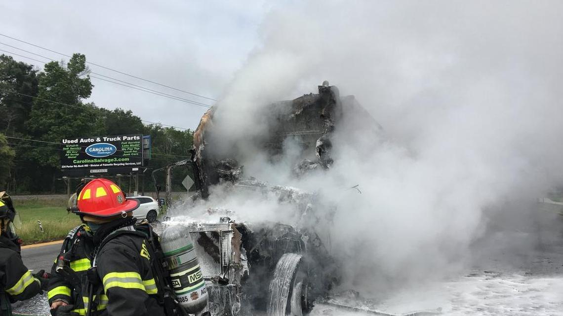 This truck burned on Anderson Road in Rock Hill Monday. The driver escaped unhurt, officials said.