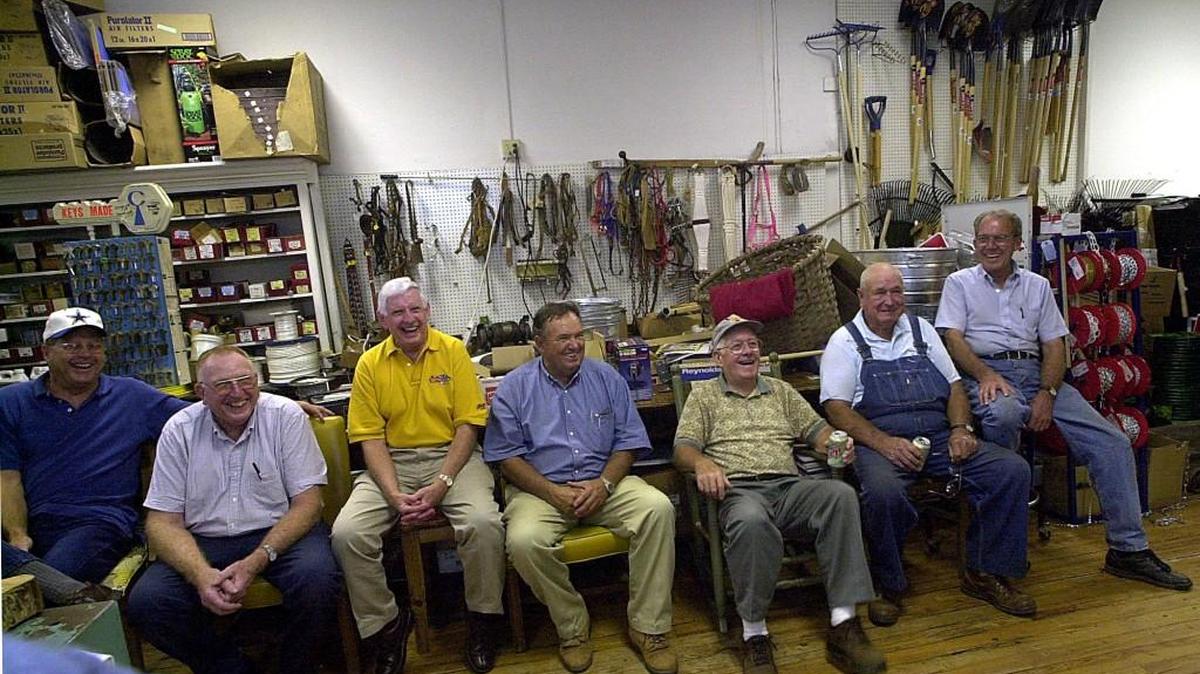Pictured in 2001, Freddie Chambers, Don “Rosebud” Love, Bobby Carroll, store owner Tracy Ferguson, Bill Love, Fred Ashley and Julian Dickerson of York sit inside the old Ferguson Youngblood hardware in downtown York and swap stories. The hardware store operated for 90 years before the Ferguson family closed it in 2005.