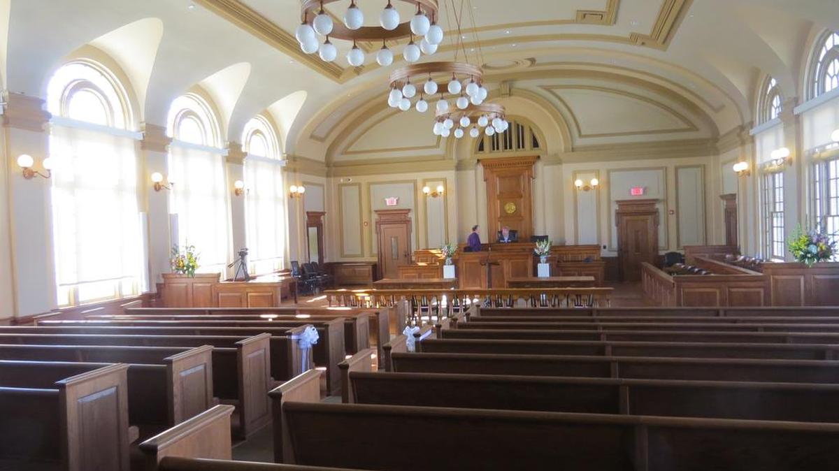 The renovated main courtroom at the York County Courthouse in York where a version of the Confederate flag and other Confederate items used to be up.