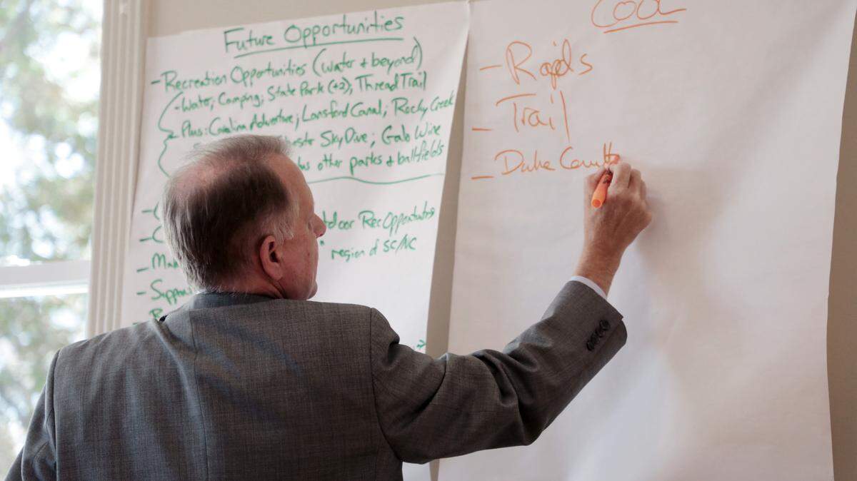 South Carolina Sen. Mike Fanning (D-17) makes a list of items county and state leaders would like to see at the Great Falls Dearborn Development in Chester County.