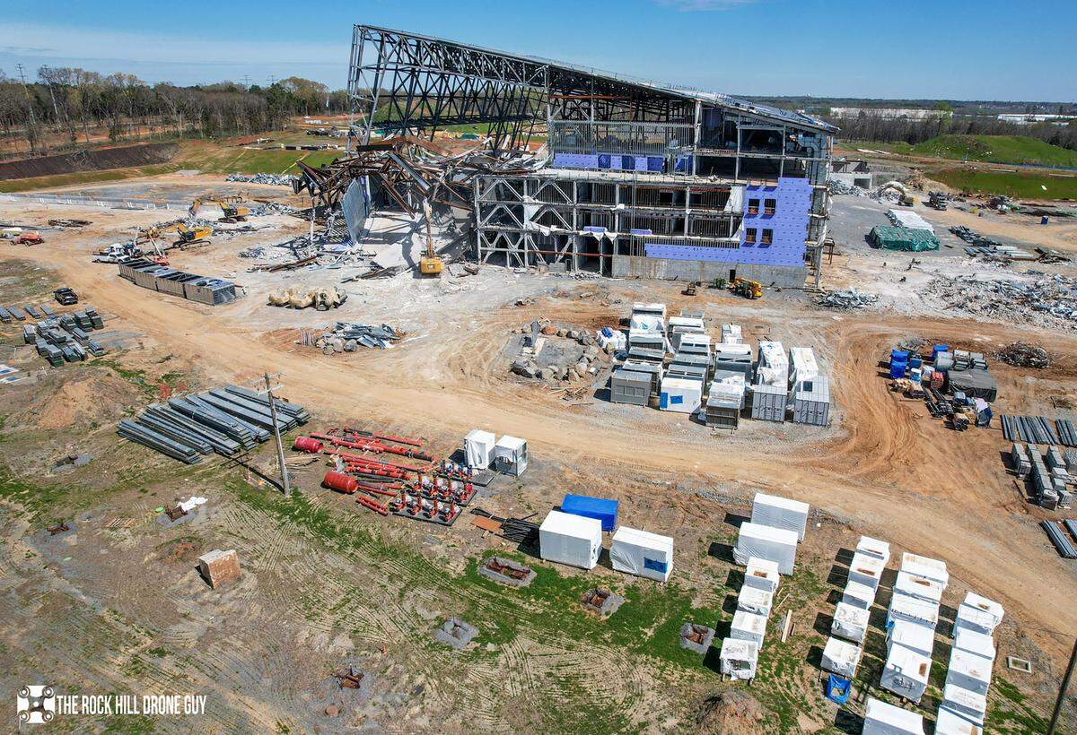 Demolition is underway Wednesday, March 8, 2023 at the failed Carolina Panthers training facility site in Rock Hill, S.C.