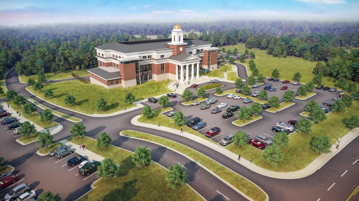 Architectural drawing of the new York County Family Court building off West Main Street between Heckle Boulevard and Longview Road.