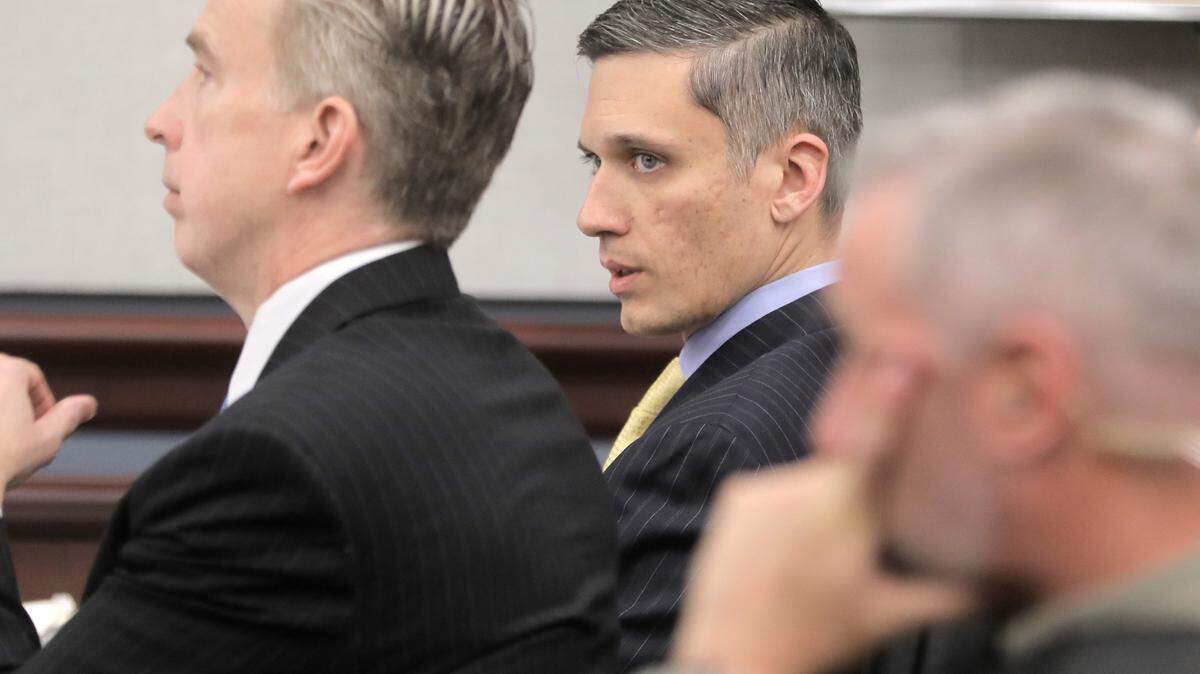 Augustus Sol Invictus speaks to his attorney B.J. Barrowclough Tuesday during his trial in York.