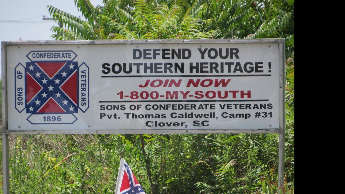 
A Sons of Confederate Veterans sign on U.S. 321 north of Clover, emblazoned with the group’s logo that features the Confederate battle flag.
