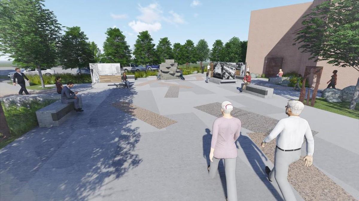 A rendering of the plaza, walking from the Giordana Velodrome.