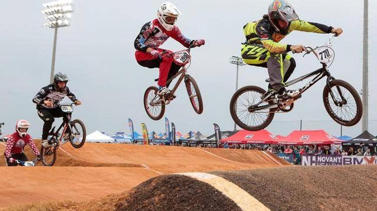 Racers traverse the Rock Hill BMX Supercross track during a 2015 event.