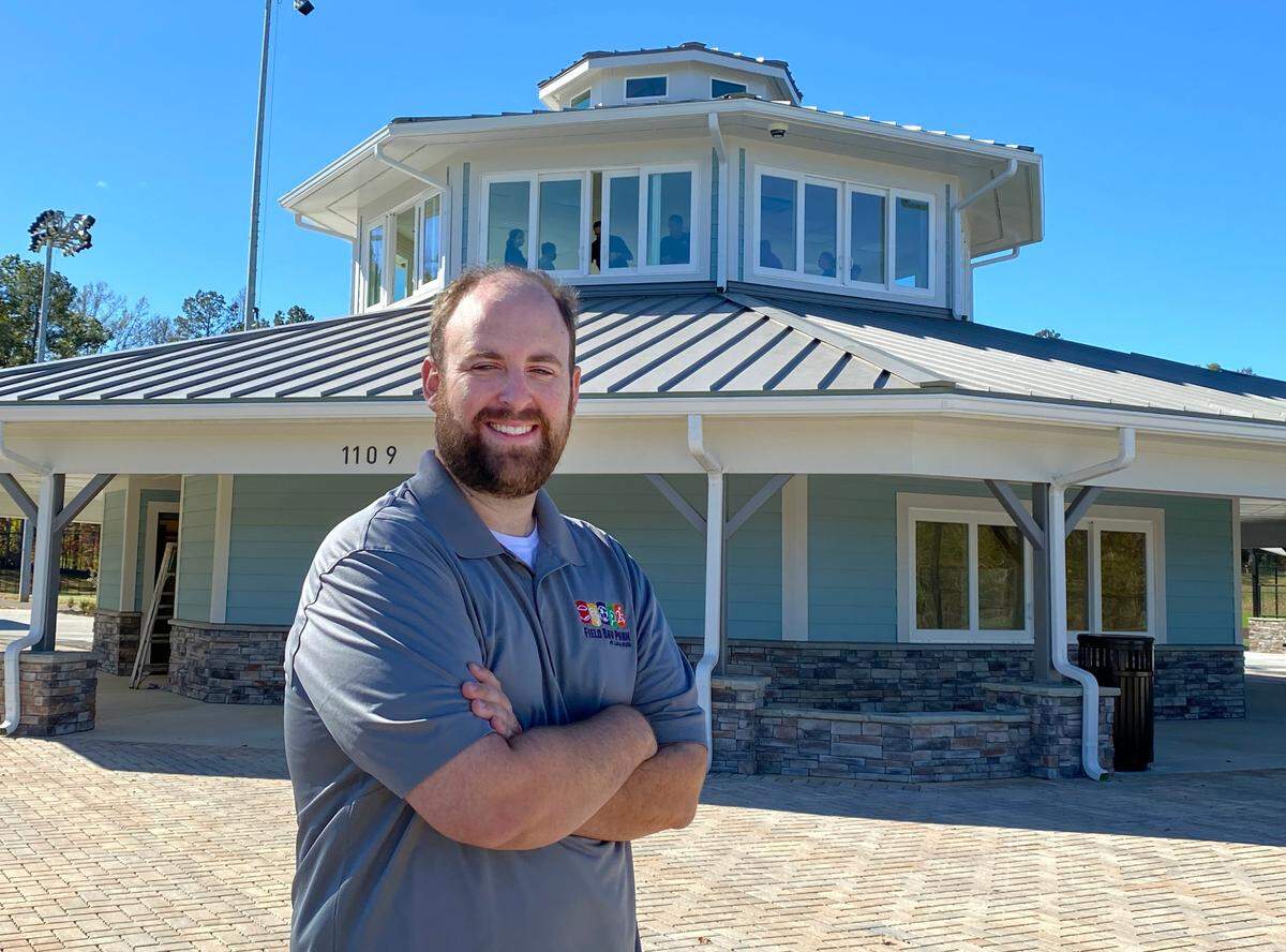 Jason Ratterree, superintendent at the new Field Day Park in Lake Wylie, stands in front of the scorer’s tower Friday, Oct. 30, 2020.