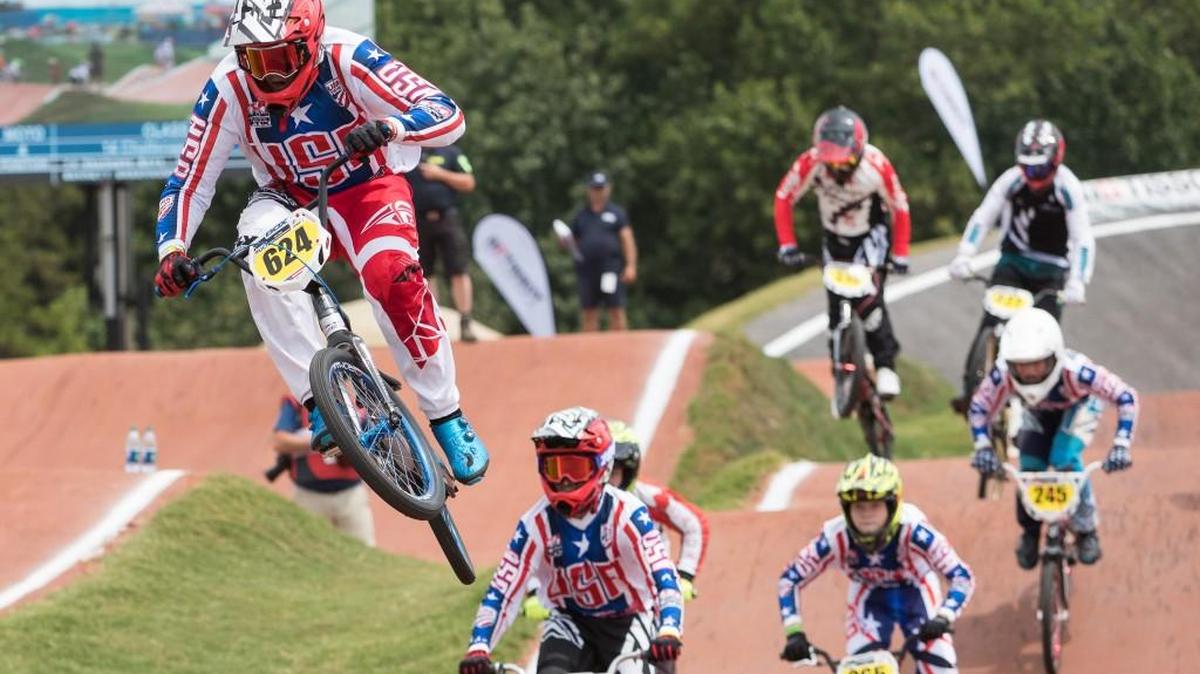 Team USA's 14-year-old Aydan Lopez (624) heads into the second corner during his moto Thursday at the Novant Health BMX Supercross Track in Rock Hill. , South Carolina.