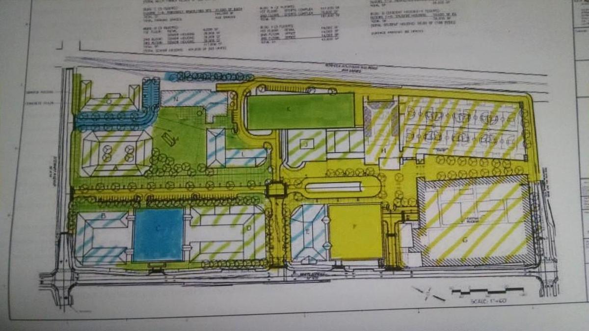 A phased development map of the former Bleachery site. Phase 1 projects in yellow will be public amenities constructed by developer Sora-Phelps and then returned to Rock Hill via tax district financing.