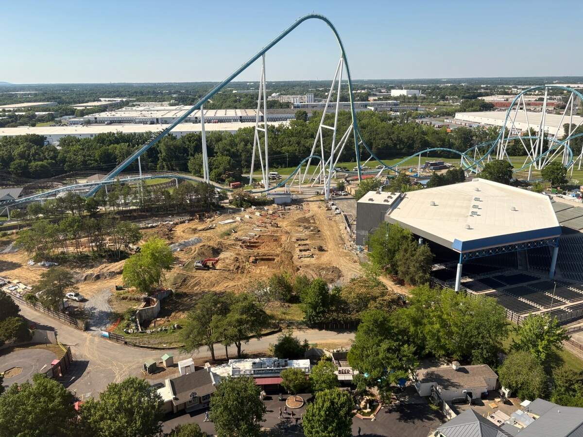The view from Carolina Skytower at Carowinds shows a construction site that’s been underway for months. The park teased plans last week for a major addition to the park for its 2027 season. That will be a new log flume ride.