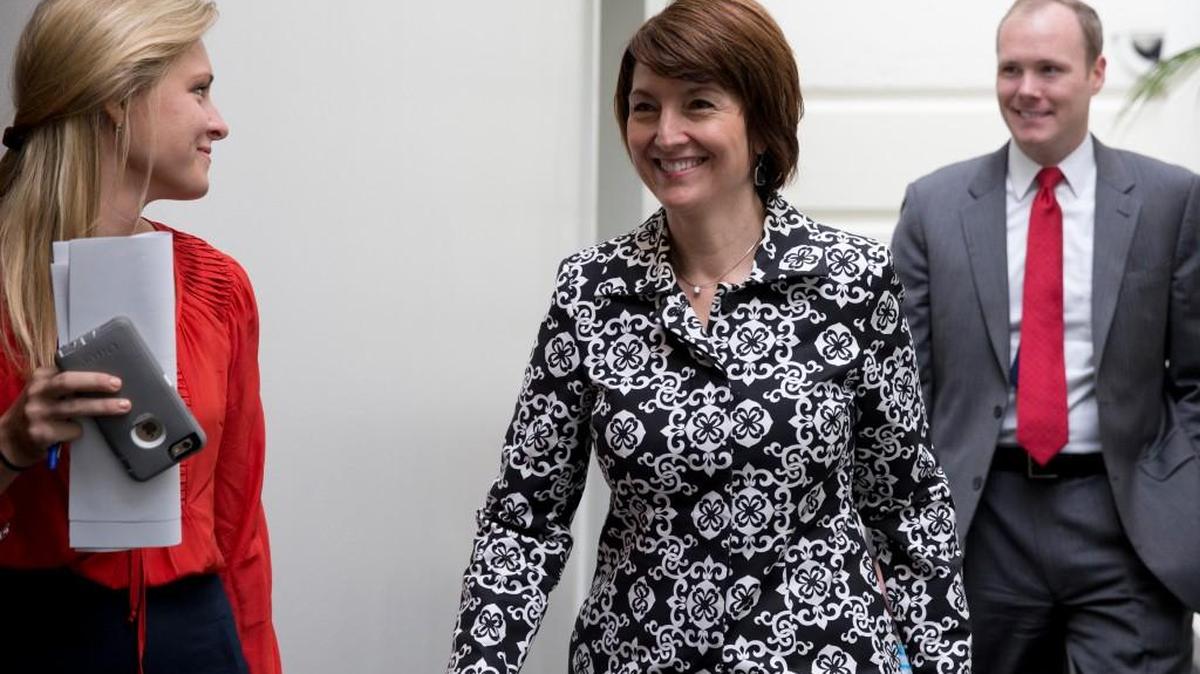 
Rep. Cathy McMorris Rodgers, R-Wash., arrives for the House Republican Conference on Capitol Hill in Washington on Tuesday.
