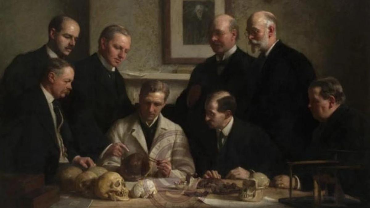 A depiction of scientists examining the Piltdown skull in 1913. Dawson stands in the back, second from the right.