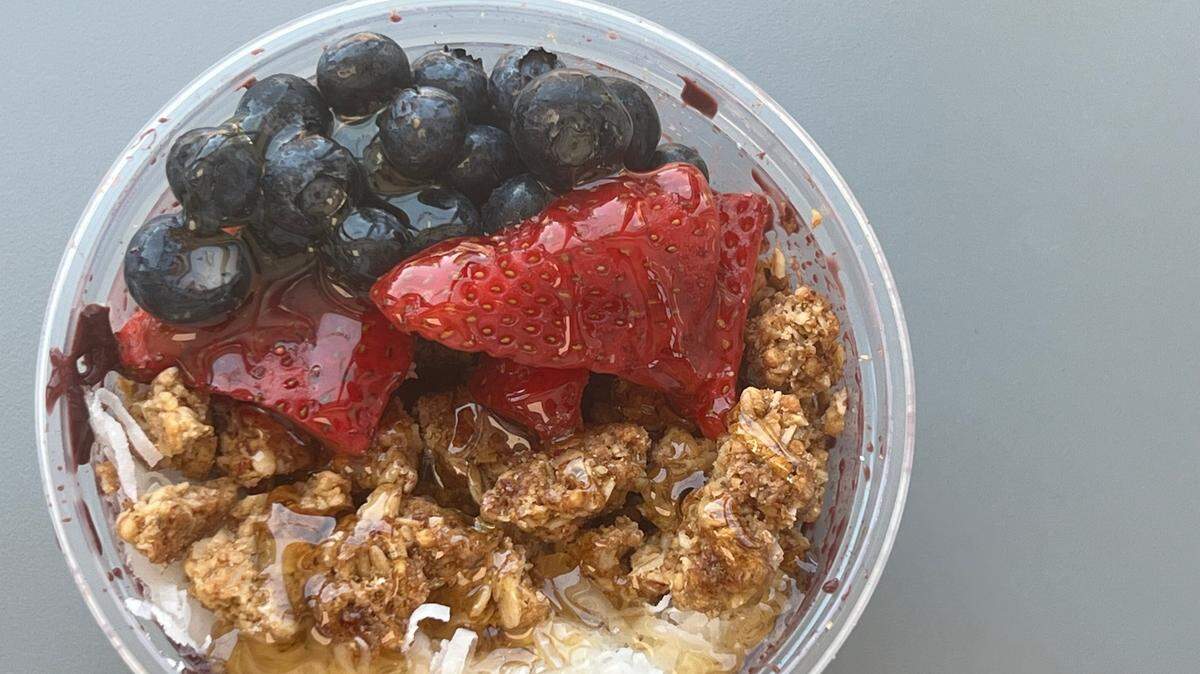 Blend Riverwalk’s traditional acai bowl, featuring granola, coconut, strawberry, blueberry and honey.