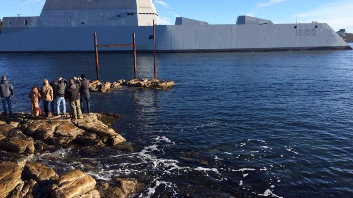 The Navy’s new, futuristic destroyer Zumwalt may be hard to detect, but there are questions about its stability. Shown here on Maine’s Kennebec River.