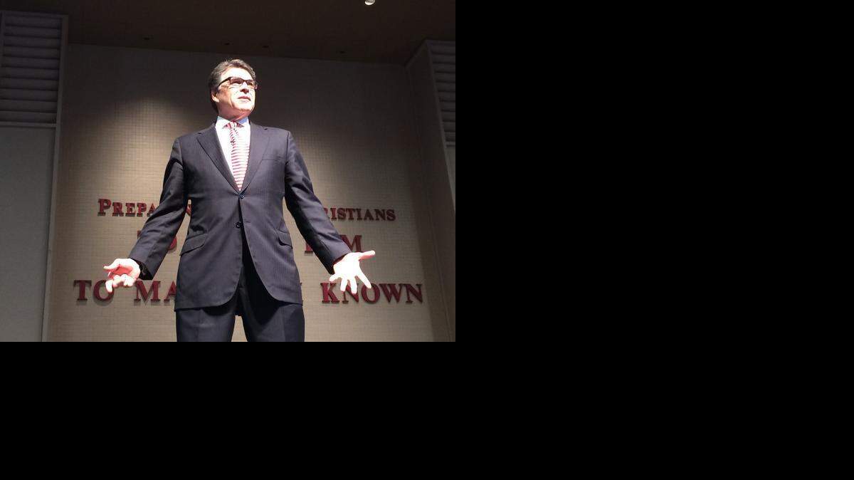 
Former Texas governor Rick Perry, a likely 2016 White House hopeful, speaks to students, faculty and visitors at the evangelical Columbia International University Tuesday. Perry had stops in Columbia planned on his two-day swing through the Palmetto State.
