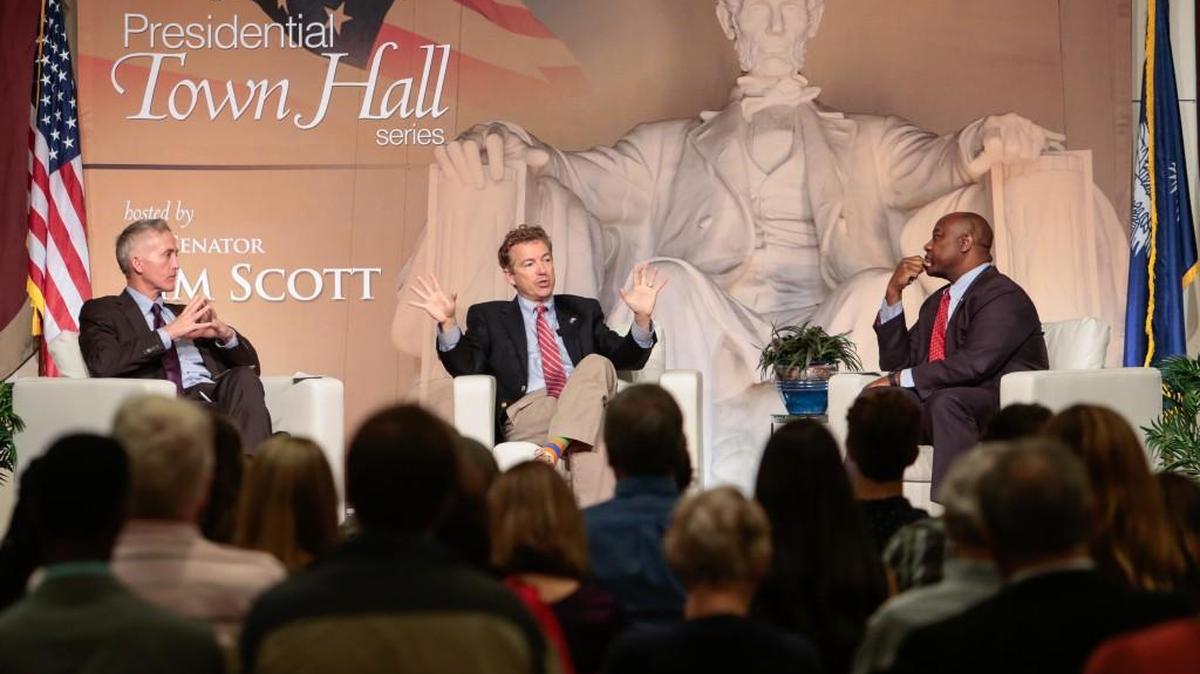 U.S. Sen. Tim Scott holds a town hall-style meeting with Republican presidential candidate U.S. Sen. Rand Paul of Kentucky and U.S. Rep. Trey Gowdy of Spartanburg at Winthrop University on Friday.