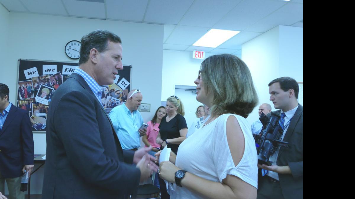 
Former U.S. Sen. Rick Santorum talks with Leanne Russo after a meet-and-greet in Fort Mill on Saturday. The former Pennsylvania senator and Republican presidential candidate later appeared at a town hall in Fort Mill, and is expected to wrap up his South Carolina tour Sunday with stops in Greenville and Travelers Rest.
