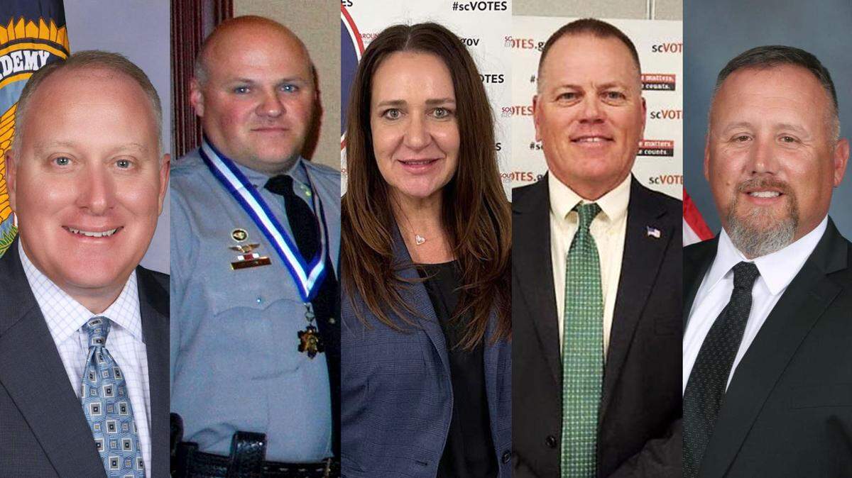 Left to right: York County Sheriff candidates Michael Belk, Chris Blevins, Beth Bryant Tolson, Tony Breeden and Heath Clevenger