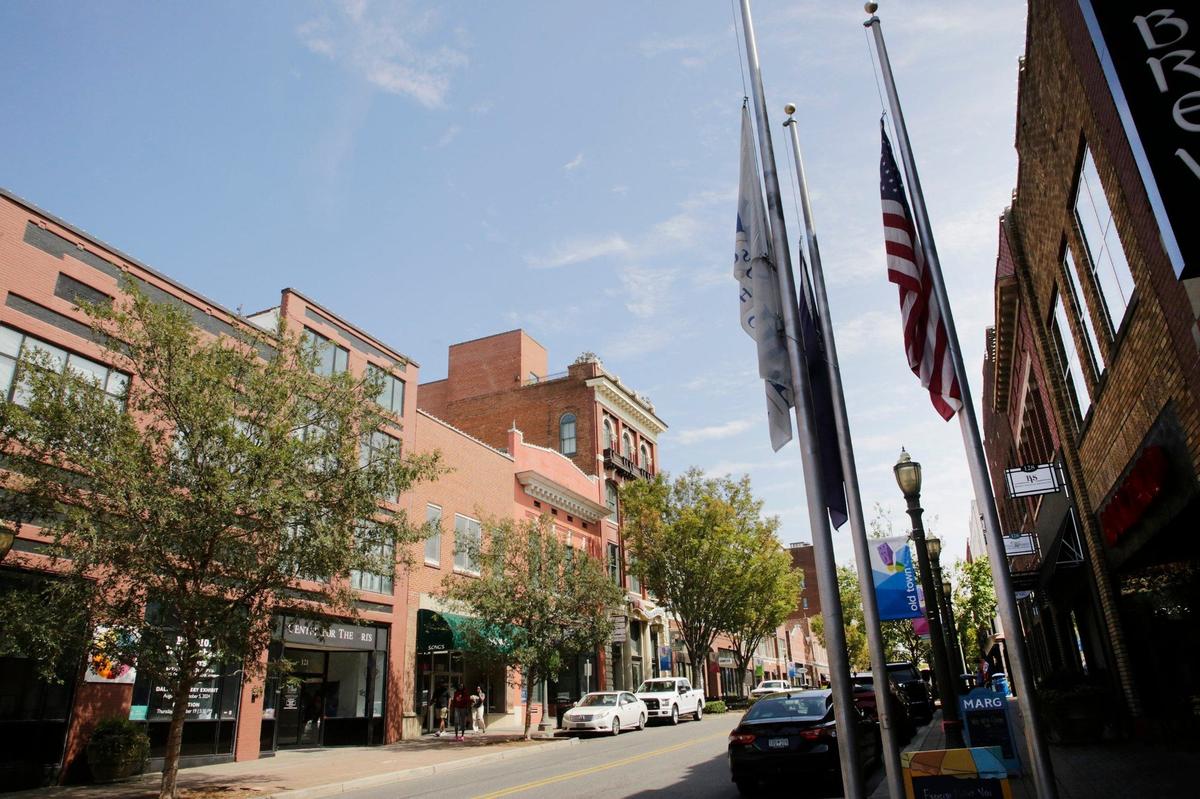 Flags fly near Tattooed Brews in downtown Rock Hill Thursday. New data from the U.S. Census Bureau details characteristics and change for places like Rock Hill, with 65,000 or more people.
