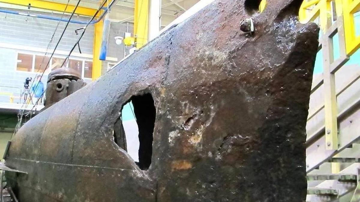 Scientists in 2015 completed a year of work removing encrusted sediment and rust from the H.L. Hunley’s outer hull. Bruce Smith AP