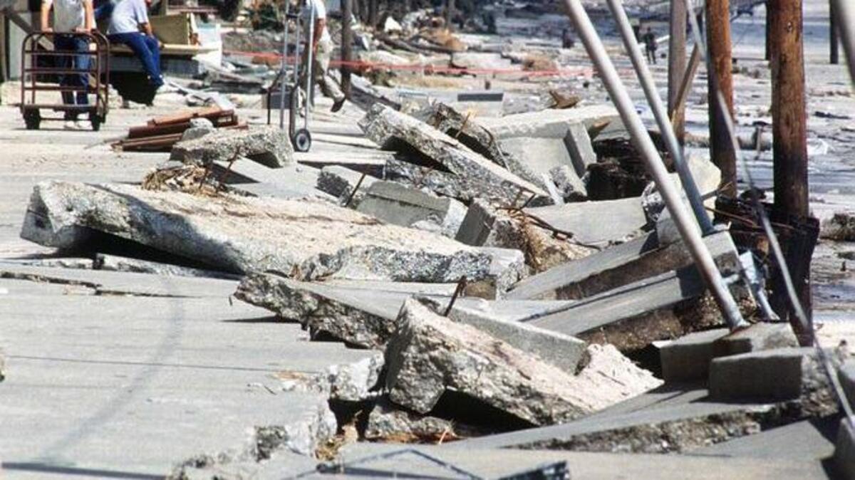 A view looking north along the Myrtle Beach Pavilion boardwalk shows damage from Hurricane Hugo.