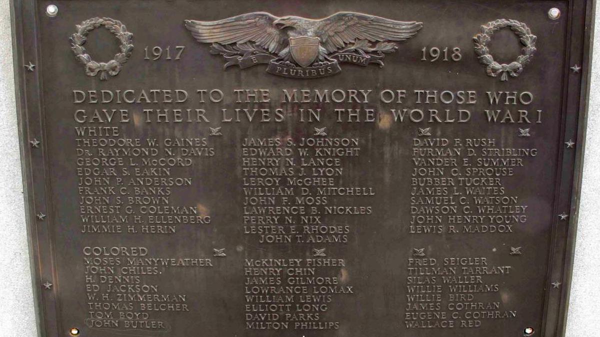 
This photo shows a plaque honoring World War I soldiers on Greenwood County memorial. The former governor who helped push to have the Confederate flag removed from atop the South Carolina Statehouse dome has some advice for people in Greenwood who want to change the plaques on a war memorial that separates fallen soldiers by race but can't without a two-thirds vote of the Legislature because of one tenet of the compromise. "No one is going to challenge them if they just go ahead and do it," said Jim Hodges
