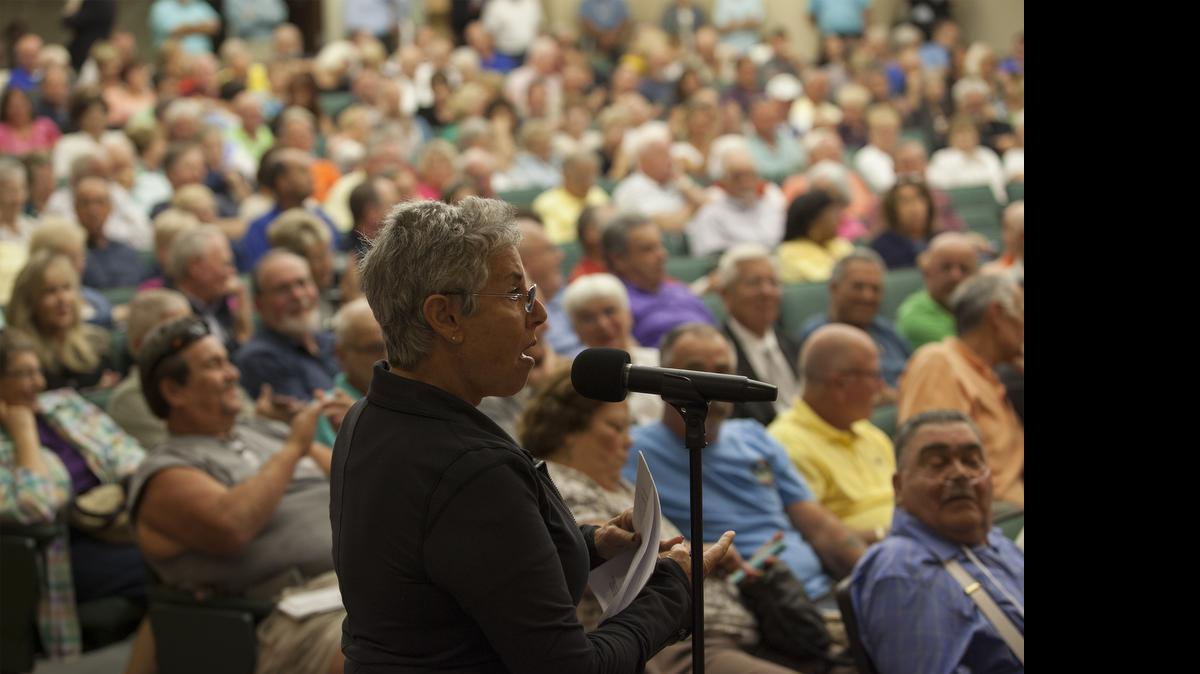 
Ocean Walk resident Carol Martucci speaks at an HOA hearing held last year by the Horry County legislative delegation.
