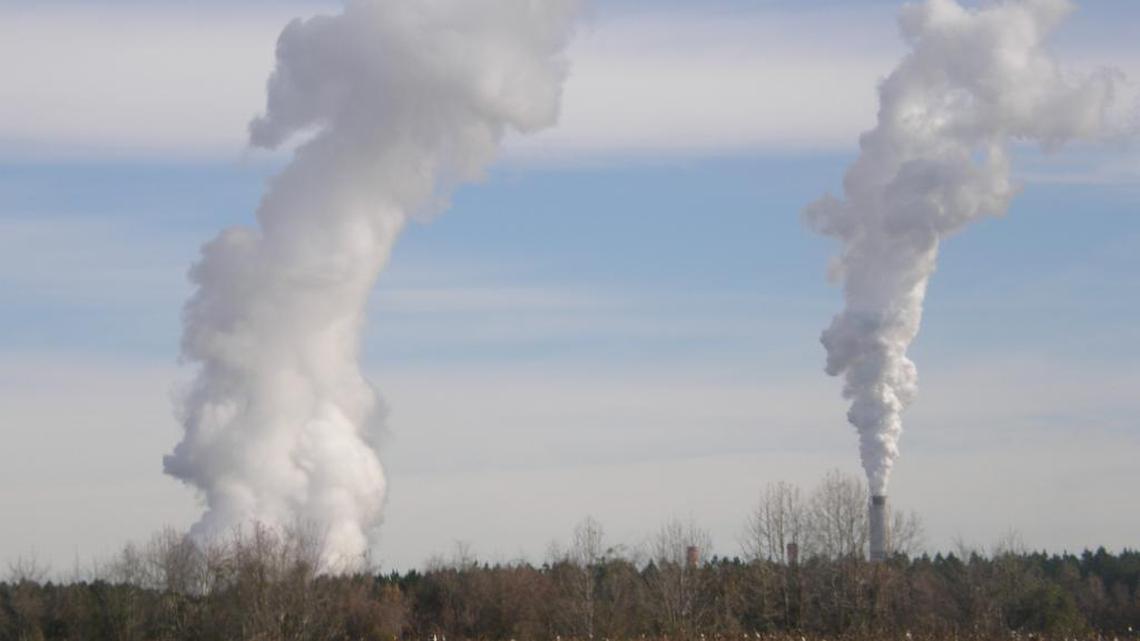 Many coal-fired power plants are to be replaced by natural gas or nuclear plants because coal contributes heavily to greenhouse gas pollution. This is a photograph of emissions from a coal-fired power plant near Columbia.