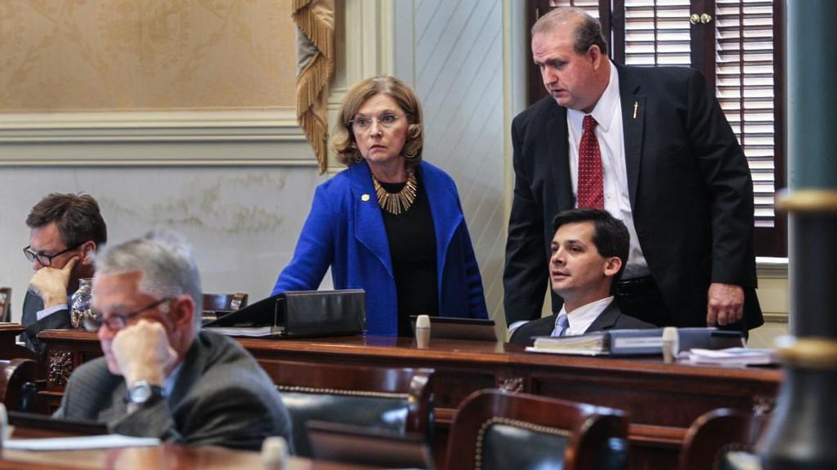 Sen. Katrina Shealy, R-Lexington stands near Sen. Tom Corbin, R-Greenville, in session. 2/17/15