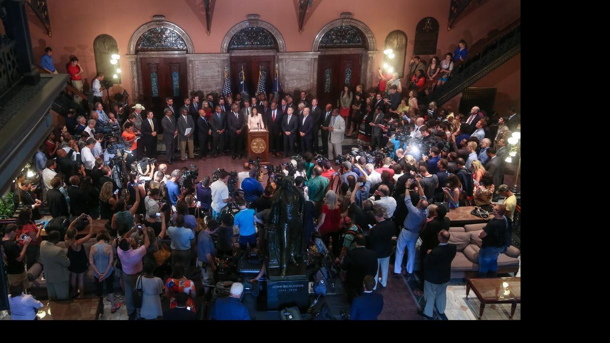 
South Carolina Gov. Nikki Haley calls for legislators to remove the Confederate flag from the grounds of the State House during a press conference on Monday, June 22, 2015, in Columbia, S.C.
