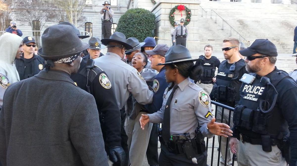Jatonia Devina Sanford, 27, of Buffalo, N.Y., was arrested while protesting a secession rally at the S.C. State House on Sunday.