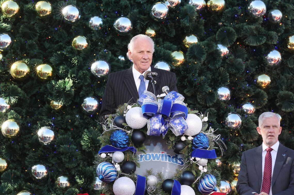 S.C. Gov. Henry McMaster talks to a crowd Thursday about road improvements near Carowinds.