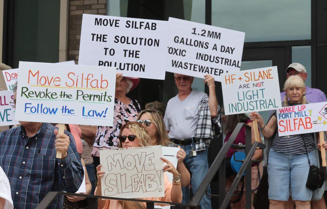 Demonstrators protest Silfab Solar at the York County Government Center in York before a York County Council meeting.