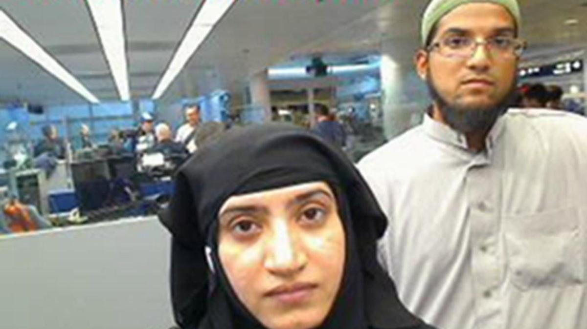 Tashfeen Malik, left, and Syed Farook, as they passed through O’Hare International Airport in Chicago on July 27, 2014.