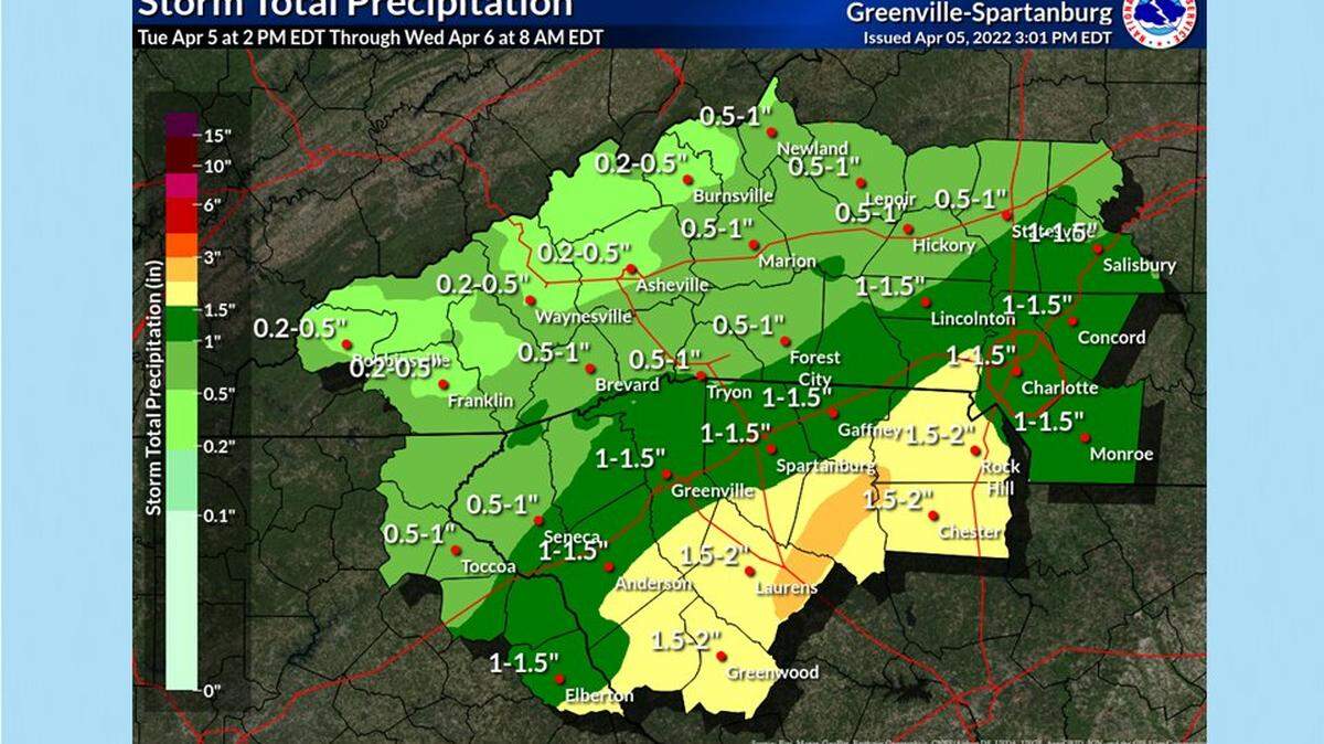 As much as two inches is rain is possible through Wednesday April 6 in York County, South Carolina.