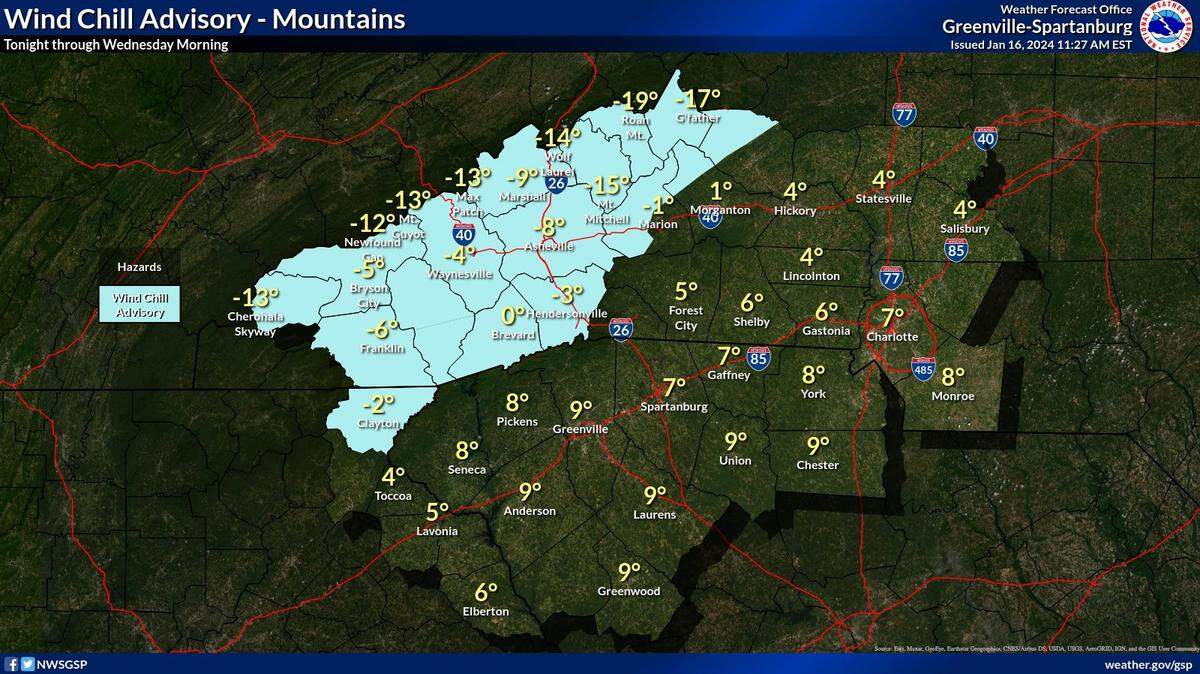 Wind chill temperatures for Rock Hill South Carolina through the morning of Jan. 18, 2024.