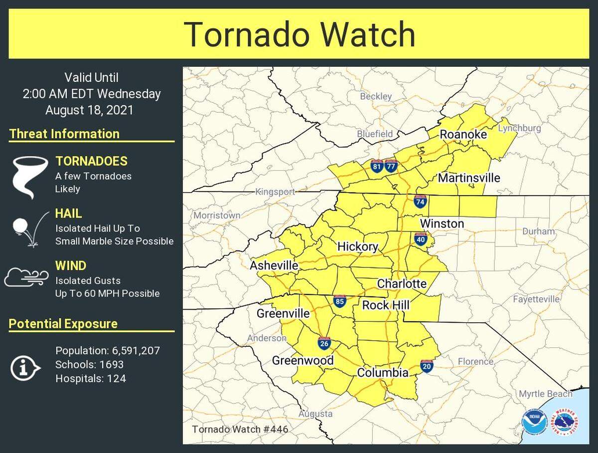 A tornado watch remains in effect for York, Chester and Lancaster counties through 2 a.m. Wednesday Aug. 18, 2021.